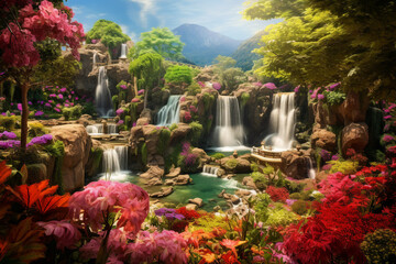 Generative ai view collage of fairy secret garden in magical world with mystical flowers plants pond