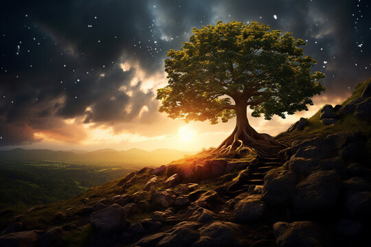 Generative ai collage photo of beautiful landscape old magic glitter tree in mystical hill woods