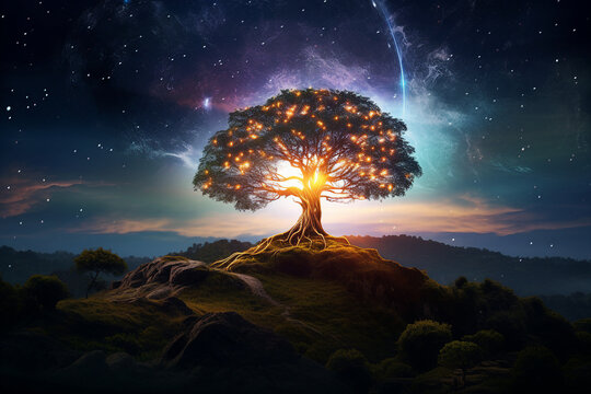 Generative ai collage photo of beautiful landscape old magic glitter tree in mystical hill woods - Powered by Adobe