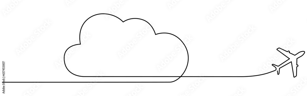 Poster airplane with cloud continuous one line drawn. flying plane in sky. travel linear symbol. vector ill
