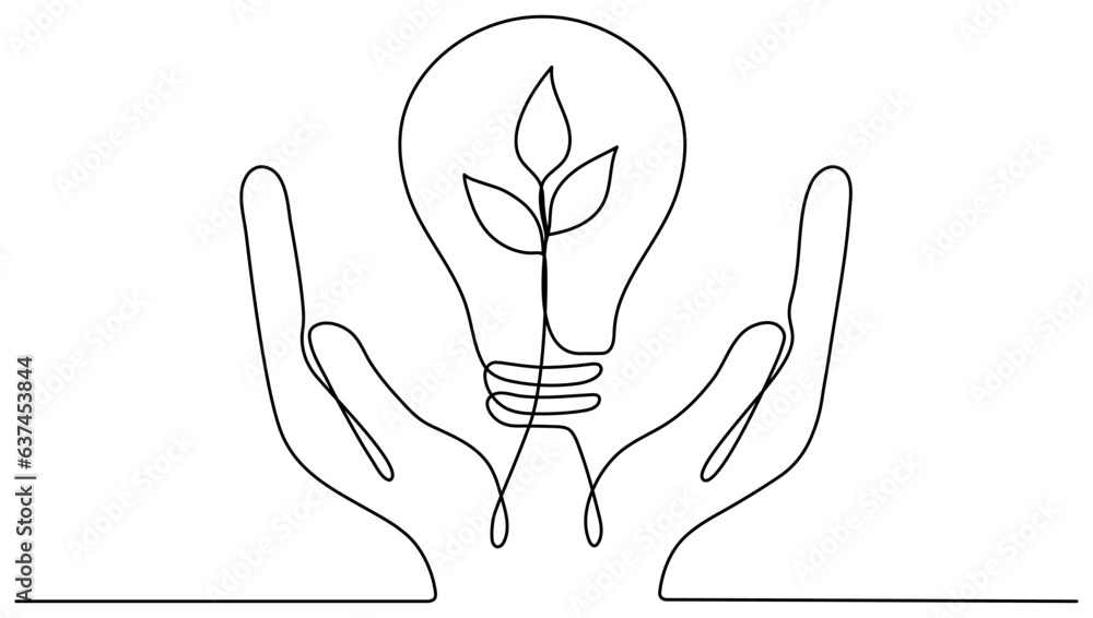 Aufkleber lightbulb with leaf in hands continuous line drawing. arms holding sprout with leaves inside lamp. l