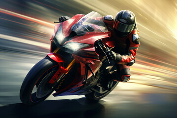 Picture of racing motorcycle with dynamic speed light trails in urban environment made with generative AI - obrazy, fototapety, plakaty
