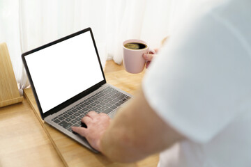Mockup laptop screen isolated with clipping path. Caucasian - white oversize obese man checking an...