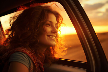 Generative AI conceptual picture of cheerful traveler sitting inside car during summer sunny evening trip having fun