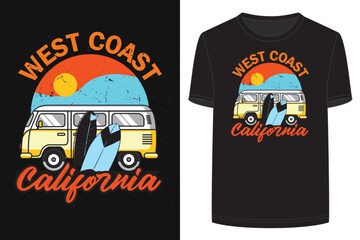 West Coast California typography Vintage tee shirt design ready for printing. T-shirt graphics, Surfing board, van, Sun.