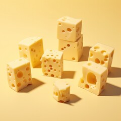 Perforated cubes of cheese on a white and yellow background. Cheese concept. Generative AI.