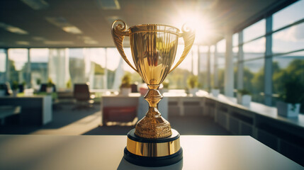 wide angle photo of a a trophy for winning the competition, celebrating the victory, against the background of the office, day light. Generative AI - obrazy, fototapety, plakaty