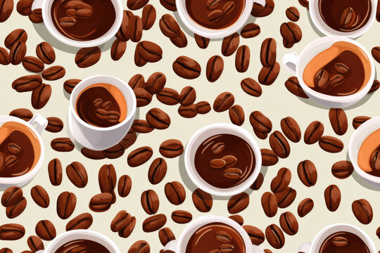 Seamless image of cups of hot coffee and coffee beans