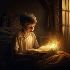 Fototapeta na wymiar Boy reading a book with glowing pages, fairy tale, miracle fantasy art. AI generative