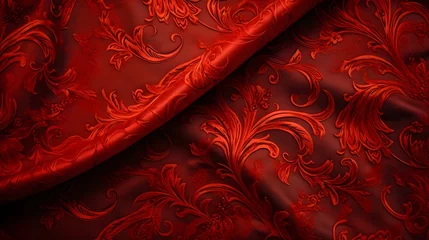 Fotobehang Red luxury silk fabric. Wavy abstract satin cloth texture pattern. Elegant curve motion image realistic horizontal design. © Alice