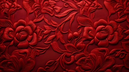 Red luxury fabric with vintage floral pattern background, ai generative