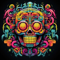 A neon toxic totem with a retro-inspired shirt design that incorporates glowing fluorescent colors, bold psychedelic symbols
