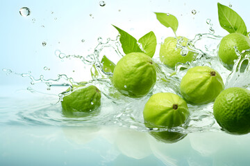 Guava fruit falling into water fresh product showcase illustration