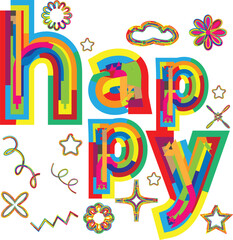 Happy of abstract fun letters or alphabets and symbols. Cute typography. Vector illustration. 
