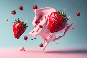 Strawberries, strawberry-colored yogurt flying around. Generative AI - obrazy, fototapety, plakaty