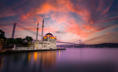 Ortakoy Mosque and Bosphorus bridge in Istanbul at sunrise, Turkey