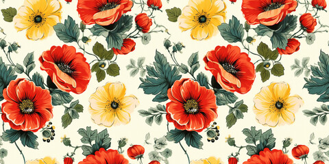 Red poppies and yellow daisies floral seamless pattern on timeworn floral backdrop. Concept: Vivid country blooms from the past - obrazy, fototapety, plakaty