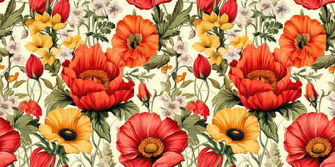 Yellow daisies and red poppies seamless pattern on vintage backdrop. Concept: Vivid pastoral blooms on timeworn canvas