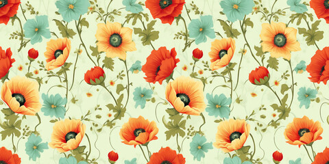 Seamless pattern of red poppies and yellow daisies on vintage floral background. Concept: Nostalgic country blooms