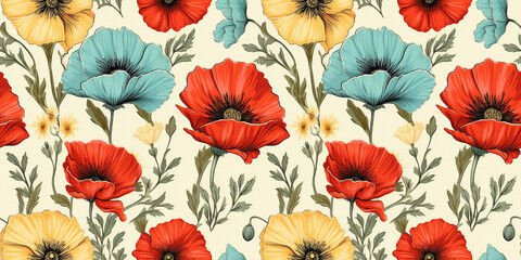 Seamless pattern of yellow daisies and red poppies on aged floral background. Concept: Cheerful country blooms from the past