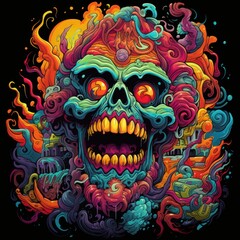 A psychedelic monster character with hypnotic patterns, intricate details, and a shirt design that incorporates fluorescent colors