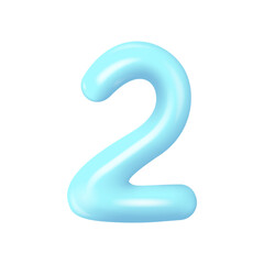 Plastic blue number 2. 3d realistic volumetric number 0 with highlights. Vector