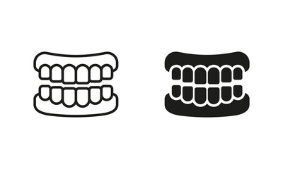 Human Jaw Anatomy with Teeth Silhouette and Line Icons Set. False Tooth, Teeth Prosthesis Pictogram. Healthy Smile, Oral Hygiene, Dentistry, Dental Treatment Sign. Isolated Vector Illustration