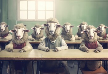 sztuka komputerowa przedstawiająca barany i owieczki w szkole pod kontrolą. - obrazy, fototapety, plakaty