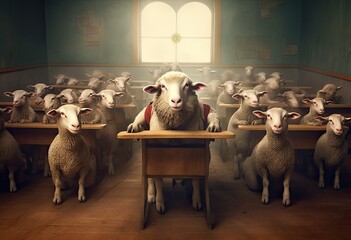 sztuka komputerowa przedstawiająca barany i owieczki w szkole pod kontrolą.