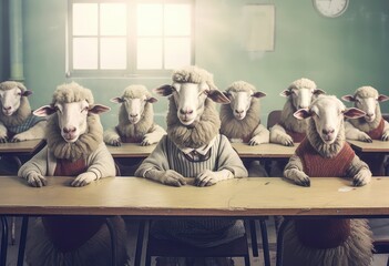 sztuka komputerowa przedstawiająca barany i owieczki w szkole pod kontrolą. - obrazy, fototapety, plakaty