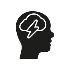 Negative Thinking Silhouette Icon. Pessimism, Frustration, Furious Expression Symbol. Mental Disorder, Thunder in Human Head Glyph Pictogram. Pessimistic Person Sign. Isolated Vector Illustration