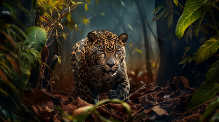 Jaguar sneaks among the green leaves of the jungle.
