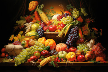 Cornucopia overflowing with colorful fruits and vegetables