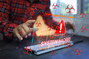 Laptop computer screen show alarm or display system hacked red virus floating around meaning information stolen by hacker through the weak protected internet cyber system. cyber security concept.