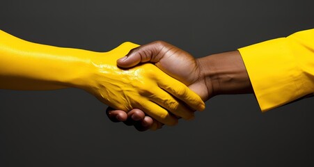Friendship. yellow painted human hands shaking hands isolated on black studio background. The concept of modern art, beauty, creativity, diversity, care, support and advertising. symbolism