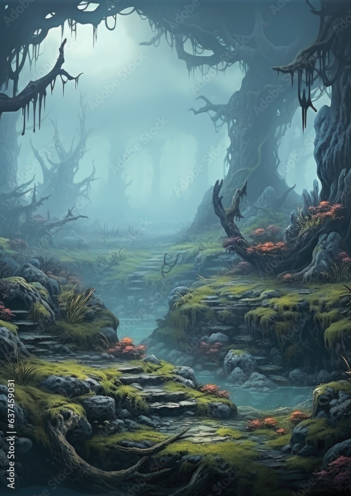 Aufkleber a digital painting of a forest with moss and trees. generative ai image.