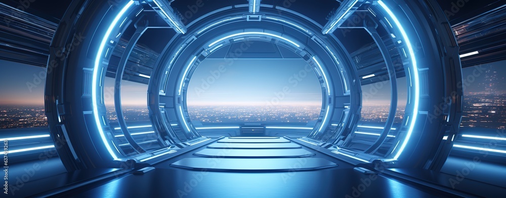 Poster abstract style on a blue background. display in futuristic cyberpunk style...
