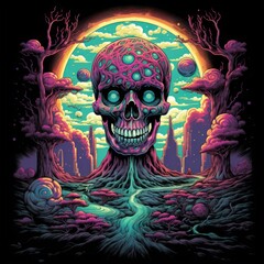 A retro-inspired shirt design featuring a neon toxic totem against a backdrop of swirling psychedelic skies, capturing the essence of a mind-expanding journey