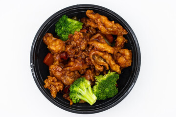 General Tso's Chicken with Broccoli in a Black Bowl