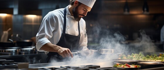 chef preparing food in the restaurant  - obrazy, fototapety, plakaty