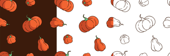 Coloring book page for kids. Autumn. Set of handdrawn illustration. Seamless pattern with line art doodle cartoon orange pumpkins on a brown transparent white background. Harvest Concept, Fall, food