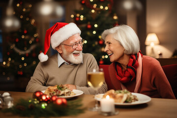 Elderly couple or senior adults at Christmas festive dinner together. Generative AI