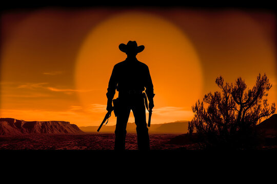 Evocative silhouette of a cowboy against a vibrant sunset, with a faint outline of a Western town in distance, an encapsulation of Italian Westerns.