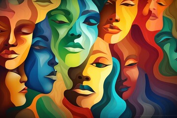 Fototapeta premium Abstract faces of young women with colorful hair in modern watercolor style