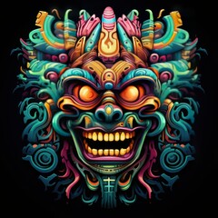 A vibrant neon toxic totem, with swirling psychedelic patterns and a retro-inspired shirt design featuring fluorescent colors