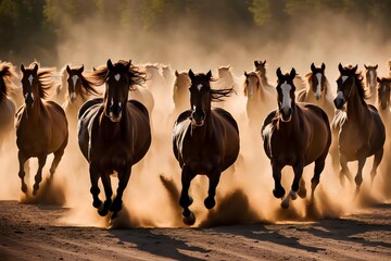 Obraz premium Herd of horses gallop past raising dust