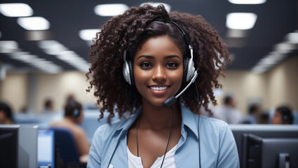 portrait of african american girl in headphones, call center
