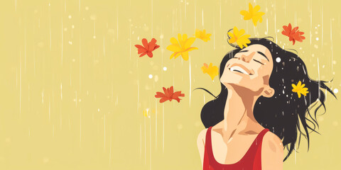 Obraz na płótnie Canvas Exciting depiction of an ecstatic woman enjoying a floral downpour. Bright, flat design studio illustration, offering abundant copy space.