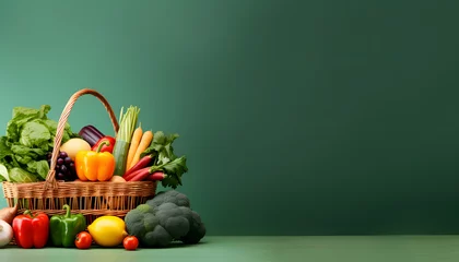 Zelfklevend Fotobehang copy space background shopping basket with many kind of vegetable © AGSTRONAUT