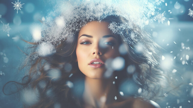 Surreal abstract woman portrait with snowflakes over head on blue background. Winter colors. Concept of environmental friendliness and naturalness of cosmetic products. Banner. Generative Ai